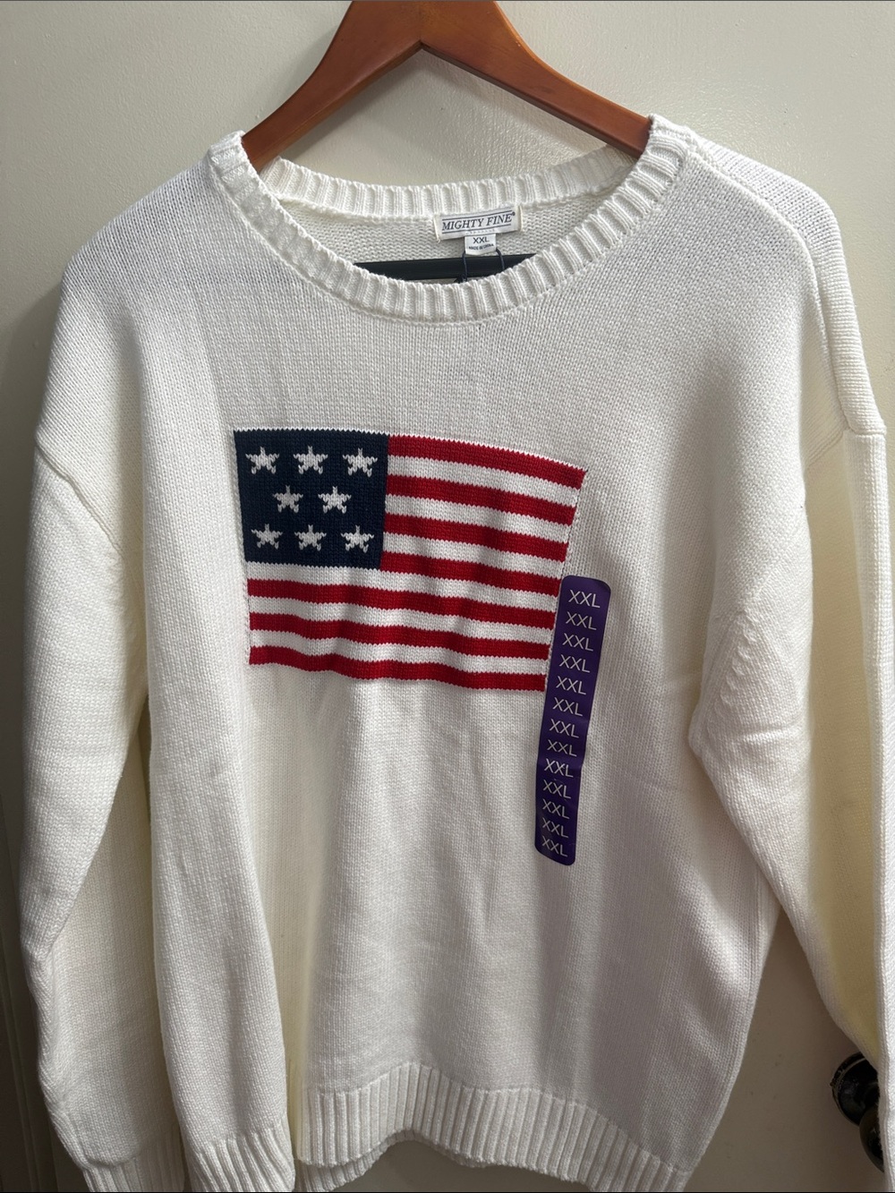 Mighty Fine White Crewneck Sweater with American Flag Patch 4th of July - Picture 6 of 7